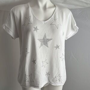 Venti6 white fuzzy glitter rock v-neck knit top L